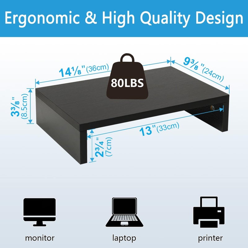 TEAMIX 14.2 inch Monitor Stand Riser, Wood Monitor Riser with Storage for Desk Small Monitor Stand TV/Screen/PC/Laptop Riser Computer Stand Desktop Shelf (Black-14.2 inch) - Image 4